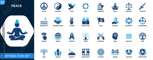 Peace icon set, pacifism, harmony, dove, freedom, unity, reconciliation, calm, balance, tranquility. Solid icons collection. Vector.