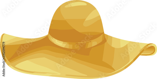 Professional vector illustration featuring a stylish yellow wide-brimmed straw hat for summer protection and fashion.