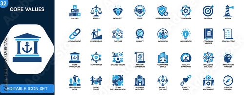 Core values icon set, ethics, integrity, trust, responsibility, teamwork, mission, vision, commitment, leadership. Outline icons collection. Vector.