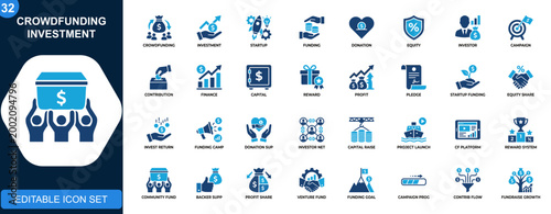 Crowdfunding investment icon set, startup funding, donations, equity, campaign, investor, contribution, rewards. Solid icons collection. Vector.