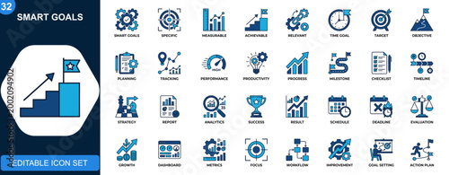 SMART goals icon set, specific measurable achievable relevant time, planning, tracking, performance, productivity. Icons collection. Vector.