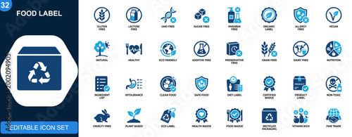Free from food label icons set, gluten free, lactose free, GMO free, sugar free, paraben free, organic, allergy safe, dietary badges. Icons collection. Vector.