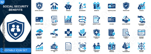 Social security benefits icon set, insurance, pension, retirement, identification, financial protection, legal support, allowance services. Icons collection. Vector.