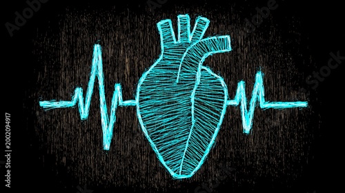 Dynamic Heartbeat Line Monitor with Glowing Cyan Pulse, Digital Illustration, Medical Concept, Abstract Representation of Life, Modern Technology, Artistic Design