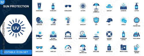 Sun protection icon set, sunscreen, sunglasses, sunblock, UV protection, beach umbrella, sun safety, skin care. Solid icons collection. Vector.