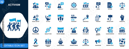 Activism icon set, protest, advocacy, human rights, demonstration, strike, petition, equality, social justice. Solid icons collection. Vector.