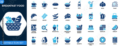 Breakfast food icon set, coffee, tea, bread, cereal, juice, eggs, bakery, dairy, morning meal elements. Solid icons collection. Vector.