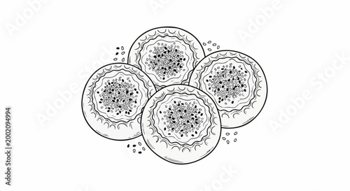 Four circular drawings of sliced fruit with seeds, artfully arranged