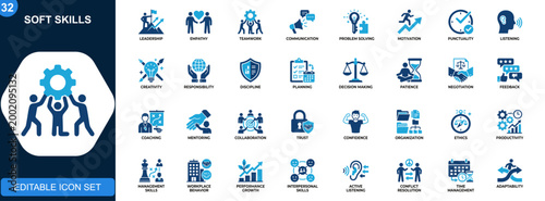 Soft skills icon set, leadership, empathy, teamwork, communication, problem solving, motivation, punctuality. Outline icons collection. Vector.
