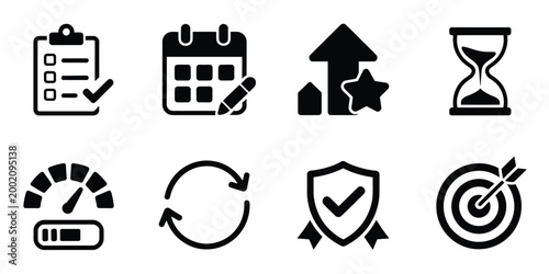 Project management and productivity black icons set vector illustration minimal silhouette style representing workflow planning organization and business efficiency concept