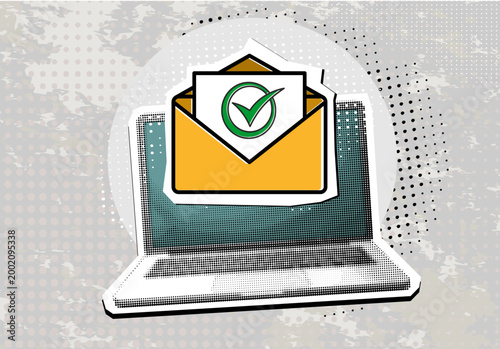Retro Halftone Collage Laptop and envelope e-mail list building illustration. Vintage halftone dotted effect retro collage cut-out element. Modern photo collage