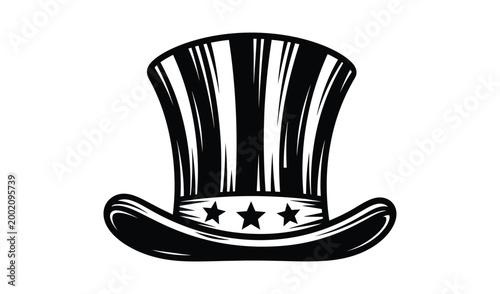 Black and white illustration of a top hat with stars on the band