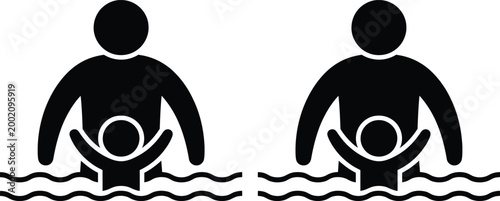 Two adults assisting a child in a swimming activity together in water