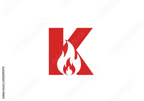 Red letter K with flame silhouette on white background