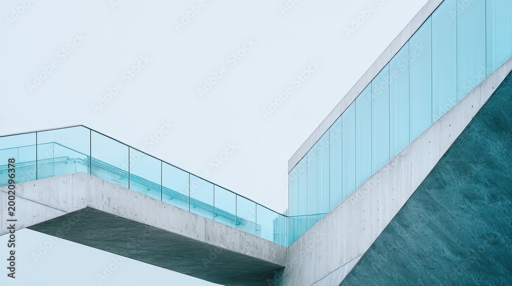 Fototapeta premium Modern Architectural Design with Glass Railings and Concrete Structure.