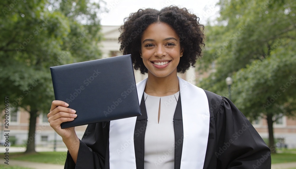 Fototapeta premium Young Black woman smiling with diploma at graduation. Female student in academic gown and stole on university campus. Higher education achievement and success concept