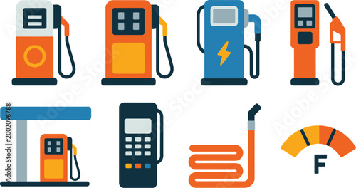 Gas station vector, illustration, flat style design featuring fuel pumps dispensers and refueling equipment for transportation energy and automotive service concept.