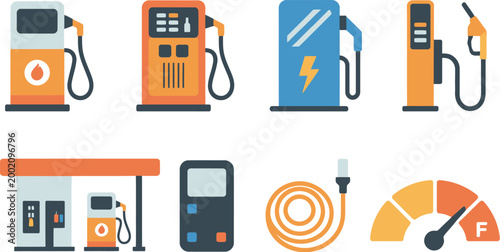 Gas station vector, illustration, modern flat design showing fuel pumps dispensers and petrol station elements for automotive energy and service industry graphics.