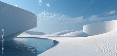 Futuristic White Architecture with Reflecting Pool Under a Blue Sky.
