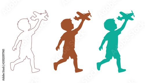 Child playing with toy airplane, boy silhouette with plane, playful childhood vector illustration, kids' aviation dream concept isolated PNG with Transparent Background