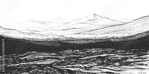 Black and white ink sketch drawing of a vast mountain landscape with rolling hills and a valley in the distance