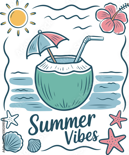  Tropical Coconut Cocktail Clipart with Sun Flower and Starfish