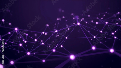 interconnected network of glowing purple lines and dots on a dark background