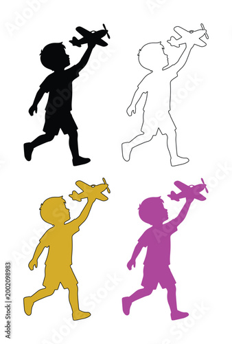 Playful child silhouette with toy airplane, a vector graphic set of kids playing with model aircraft, ideal for childhood and imagination themes isolated PNG with Transparent Background