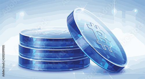 Bitcoin Cryptocurrency Coins Stack with Glossy Blue Finish, Digital Finance and Blockchain Concept Illustration for Investment, Trading and Fintech Design