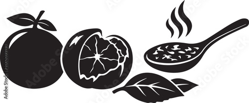  Monochrome of monk fruit with peeled shell herbal tea on spoon and leaf for sweetener silhouette vector