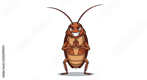 Mischievous cartoon cockroach standing with a sly grin and hands pressed together in a scheming pose.
