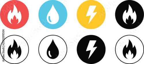 Utility service icon set, gas water and electricity symbols featuring flame drop and lightning bolt for energy supply infrastructure and professional vector design.