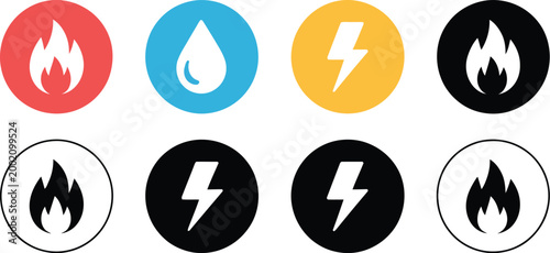 Gas water and electricity icon graphic, utility service signs with flame water drop and electric bolt symbols for infrastructure energy and service industry design.