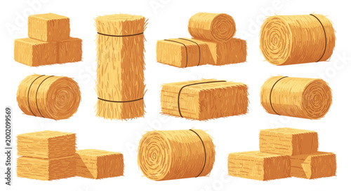Collection of different hay bales including round, square, and stacked types used in farming and agriculture for livestock feed and storage.
