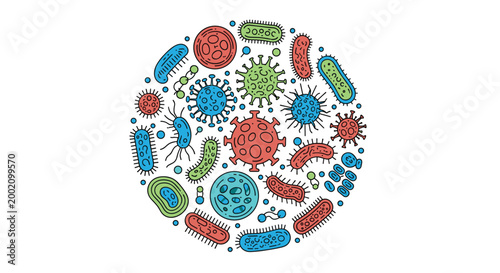 Circular composition of hand-drawn colorful bacteria, viruses, and microbes on a white background for microbiology and science related designs.