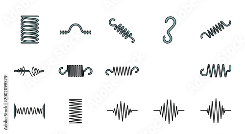 Industrial metal springs collection with various coil shapes, tension hooks, and mechanical components for engineering and technical applications.