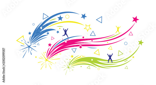 Celebration graphic with colorful stars and human silhouettes trailing dynamic curved motion lines for achievement and success related events.