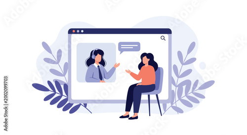 Online consultation concept featuring a female doctor on a video call screen talking to a patient sitting on a chair.