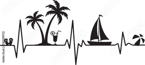 Summer Vacation Heartbeat Line Art with Palm Trees and Sailboat