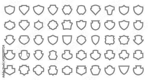 Comprehensive set of various shield and crest outline shapes for heraldry, logos, emblems, and protective symbols design.
