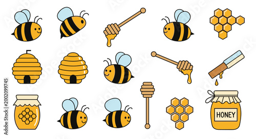 Large set of honey related icons including cute bumblebees, beehives, honey dippers, honeycombs, and jars of sweet nectar.
