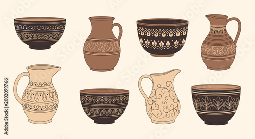Traditional ceramic pottery collection including various hand crafted clay bowls, jugs, and pitchers with ornate ethnic patterns.