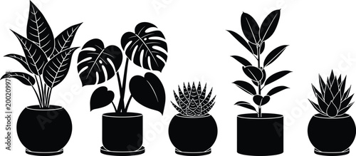 Indoor houseplant silhouette collection, potted plants vector illustration set, modern botanical home decor elements, minimalist greenery design, decorative foliage icons, interior plant arrangement