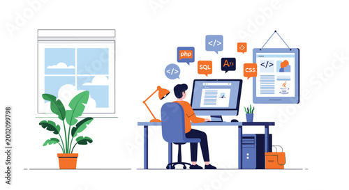 Professional web developer working at home desk with computer surrounded by floating icons of coding languages and scripts.
