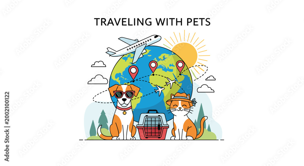 Fototapeta premium Illustration about traveling with pets showing a dog and cat in front of a globe with planes and luggage.