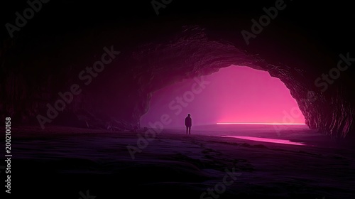 Mysterious Figure Silhouetted Against Vibrant Pink Tunnel Entrance.