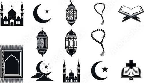 Islamic and Religious Icon Set with Mosque, Crescent Star, Lantern, Quran, Prayer Beads, Prayer Mat and Bible Symbols for Worship Designs