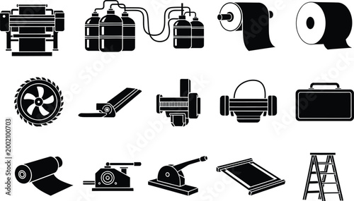 Set of black industrial machine and manufacturing equipment icons for factory production
