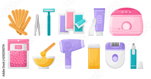 Depilation equipment collection for hair removal featuring various tools and products used in personal care routines