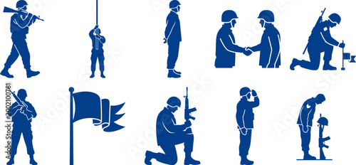 Military soldiers and service icons set with military patriotic sacrifice patriotism strength reconciliation alliance handshake agreement soldiering as cut out PNG
